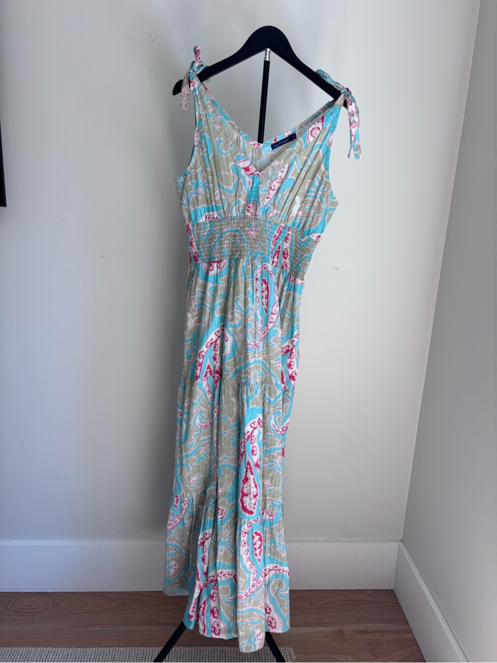 LA PLAGE Tie-Shoulder Paisley Maxi Dress in Aqua and Pink | M | Resort | Preppy
